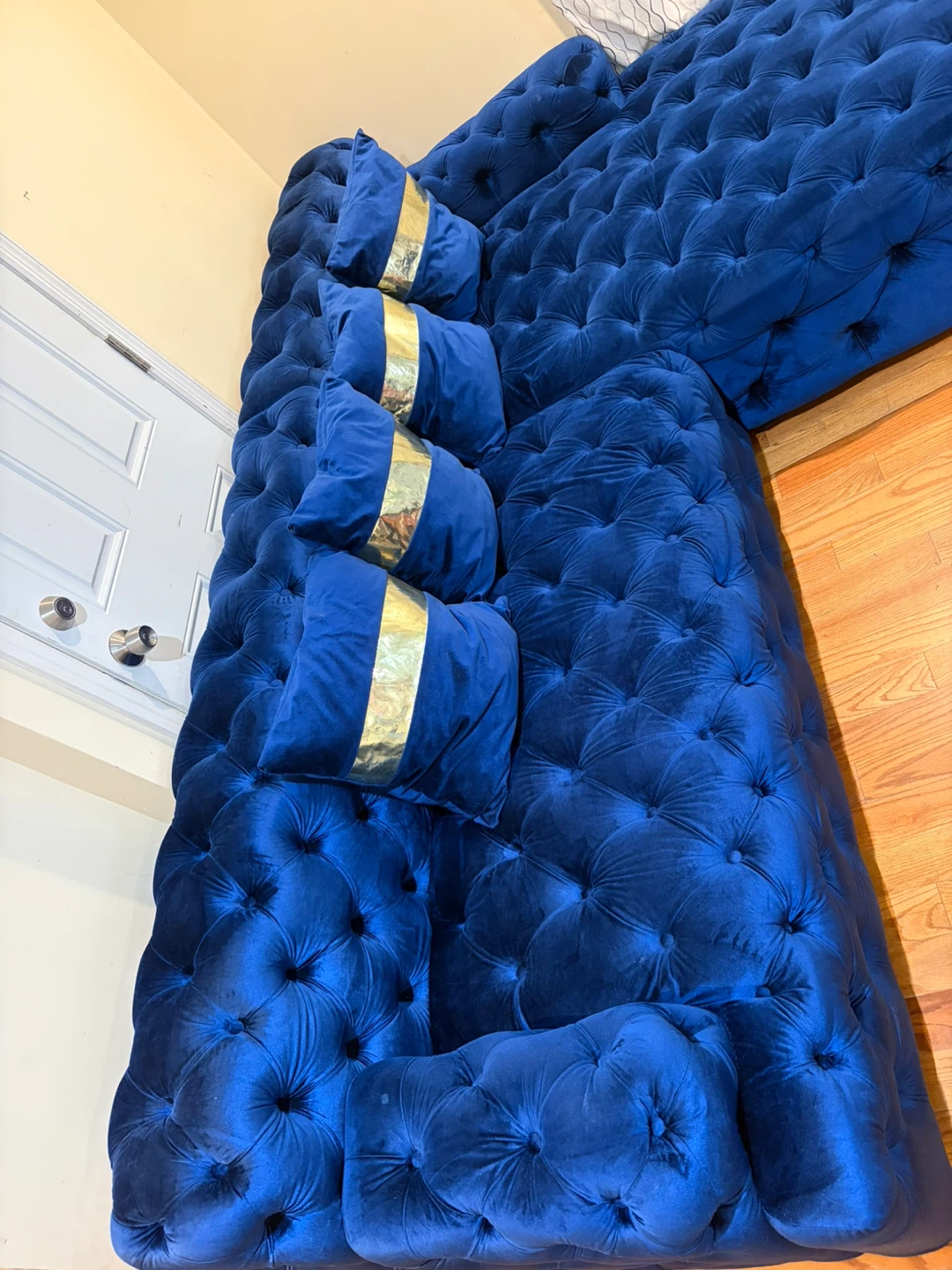 Blue Tufted Velvet Sectional Sofa with Gold Accent Pillows - photo 2