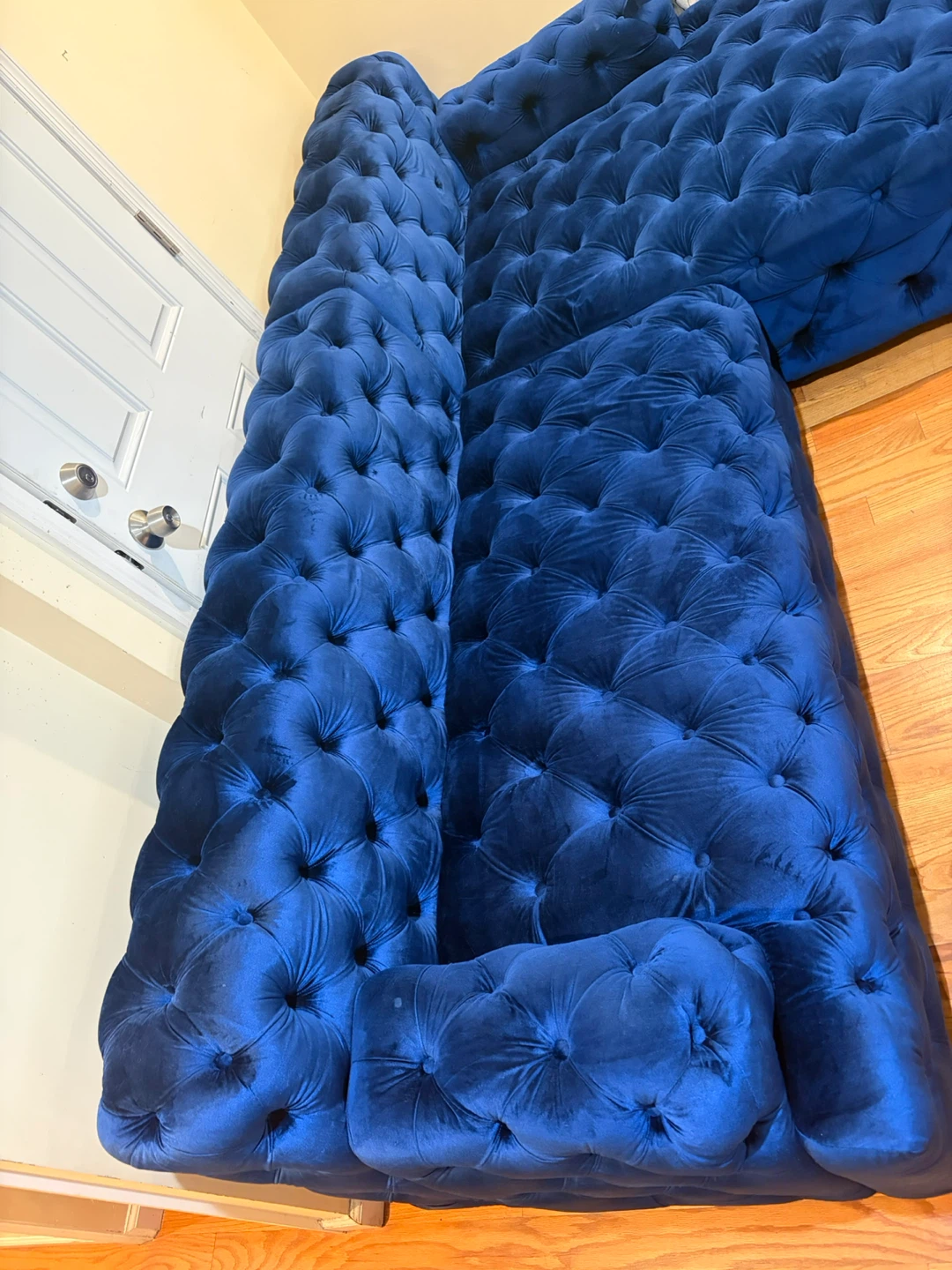 Blue Tufted Velvet Sectional Sofa with Gold Accent Pillows - photo 3