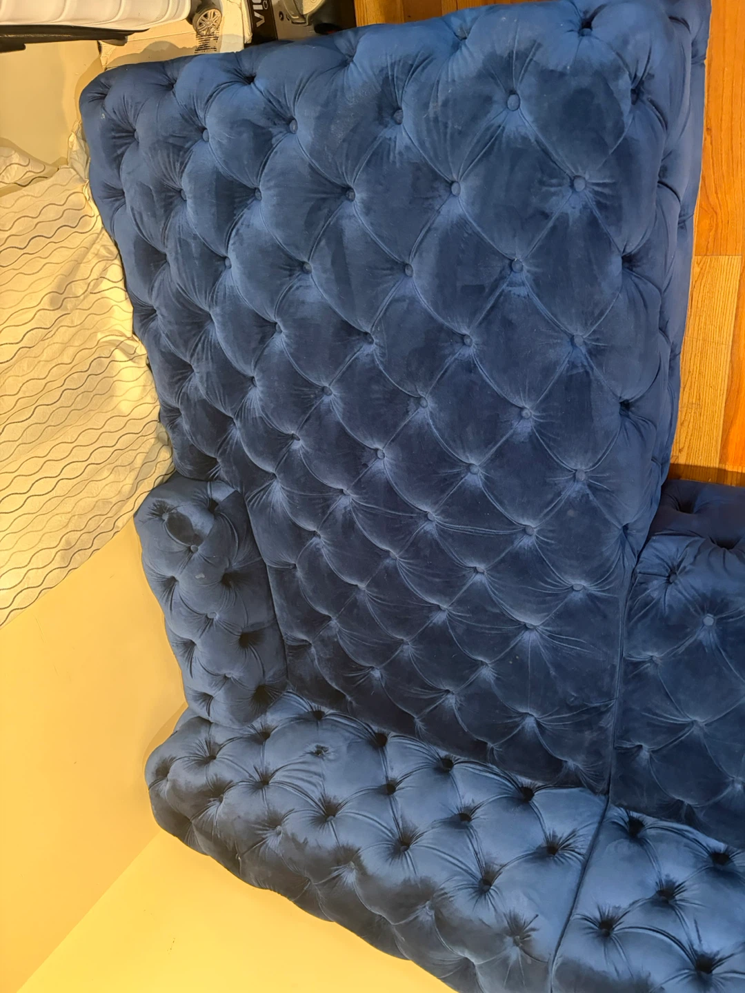 Blue Tufted Velvet Sectional Sofa with Gold Accent Pillows - photo 4