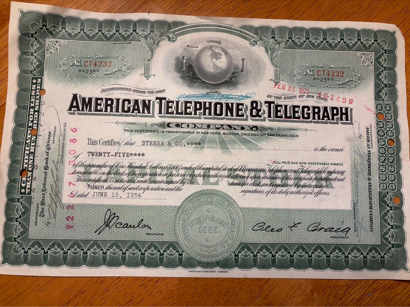 American Telephone and Telegraph Company Stock Certificate