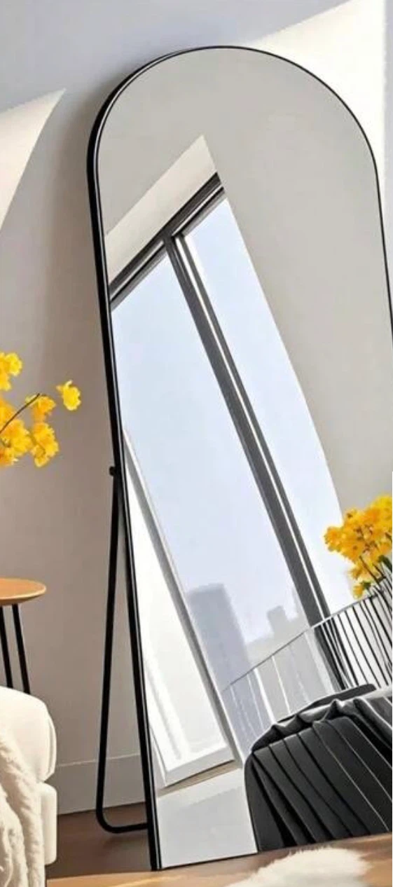 Arched Floor Mirror with Black Metal Frame