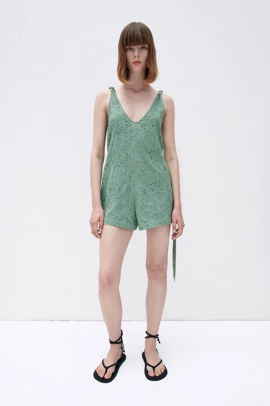 ZARA Green Embroidered Summer Jumpsuit – Size L - photo 2