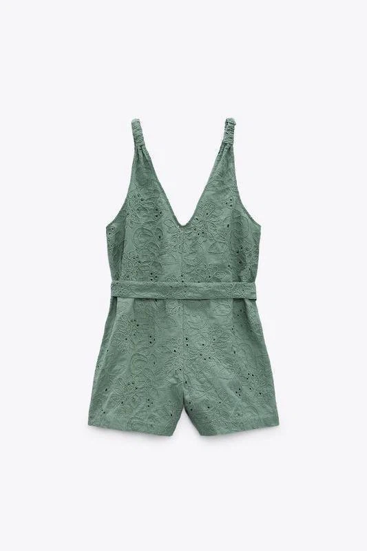 ZARA Green Embroidered Summer Jumpsuit – Size L - photo 4
