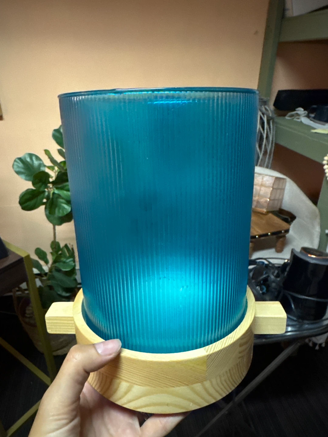 Blue Frosted Glass Table Lamp with Wood Base