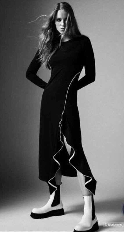 ZARA Elegant Black Midi Dress with Ruffle – Size S