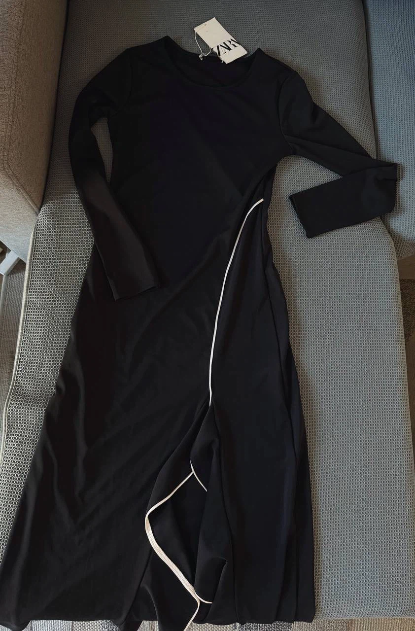 ZARA Elegant Black Midi Dress with Ruffle – Size S - photo 3