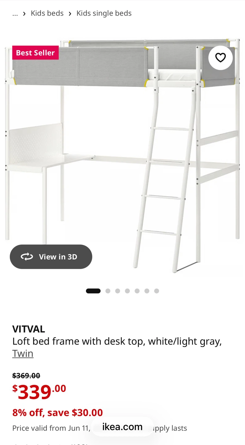 IKEA VITVAL Loft bed with chair & 6” memory foam mattress - photo 2