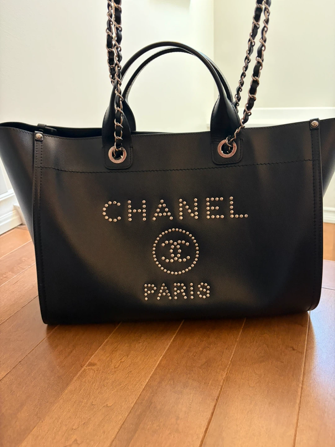 Chanel Black Leather Studded Tote Bag