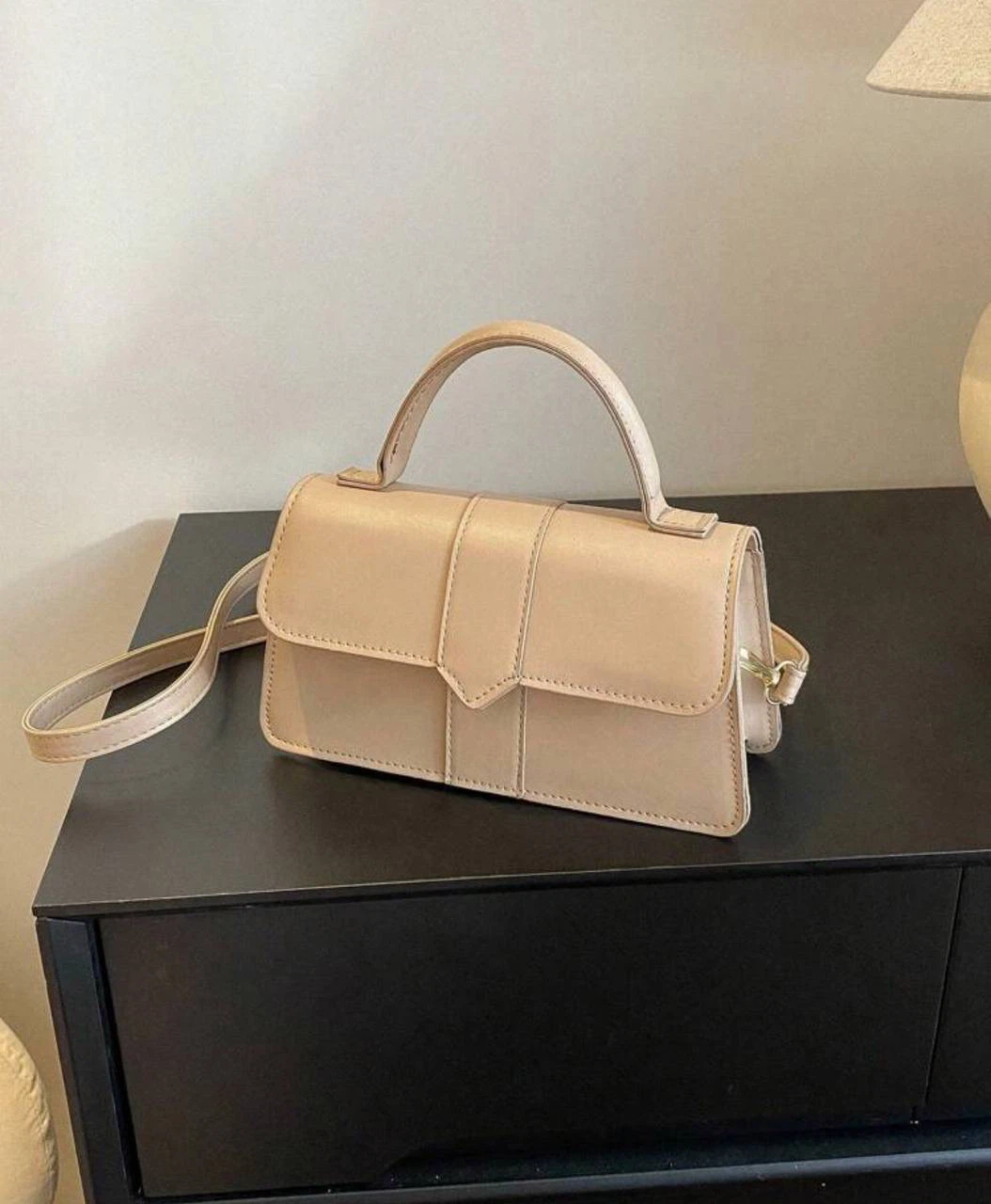 Beige minimalist top handle flap square bag