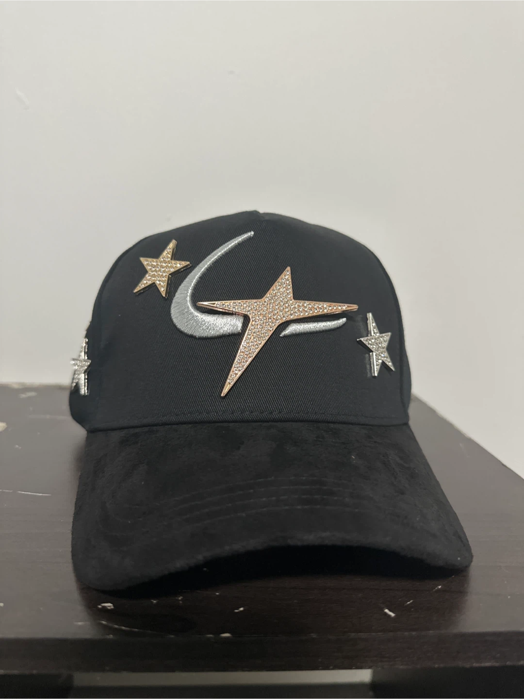 Black Baseball Cap with Rhinestone Star Embellishments