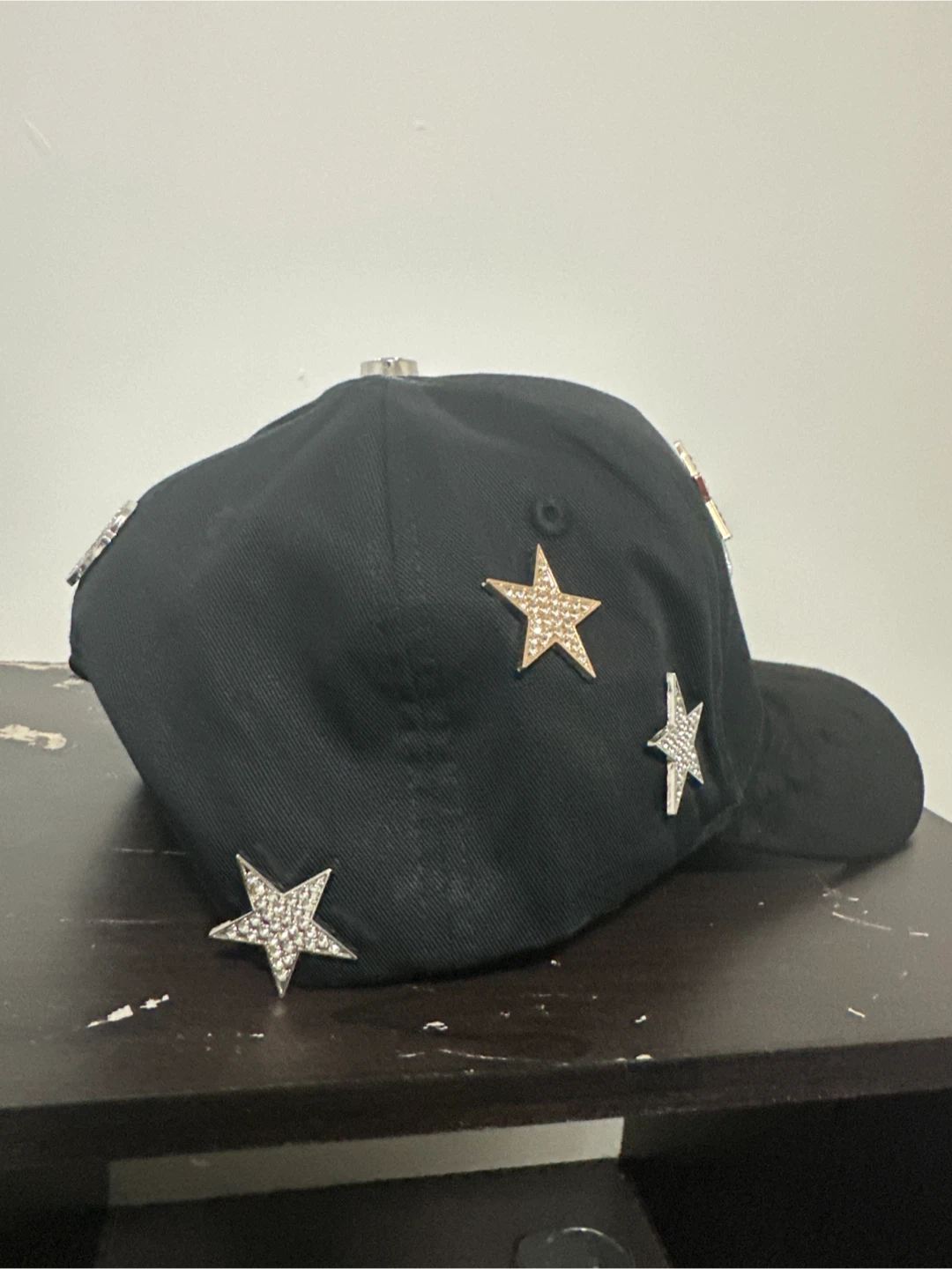 Black Baseball Cap with Rhinestone Star Embellishments - photo 3