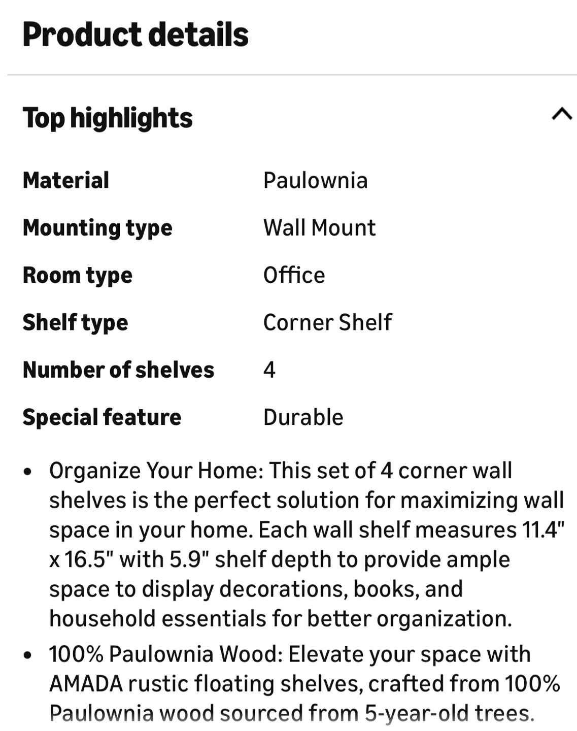 Set of 4 Brown Paulownia Wood Corner Wall Shelves - photo 3