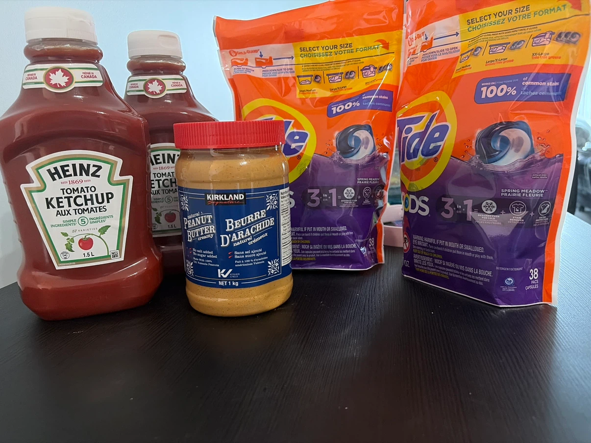 Heinz Tomato Ketchup, Kirkland Peanut Butter, & Tide Pods