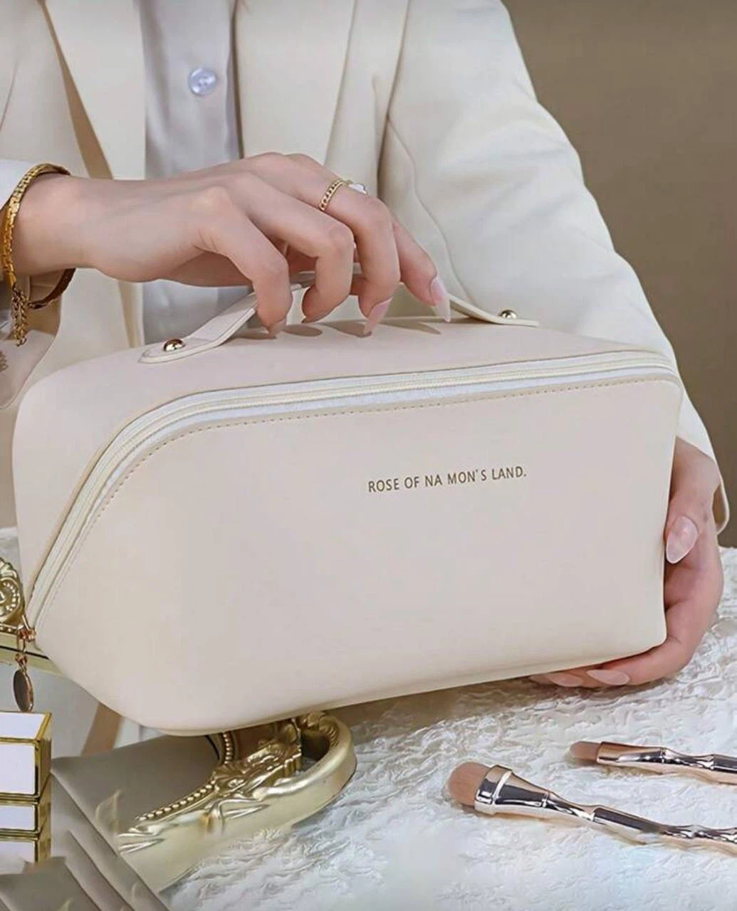 Large Makeup Bag / Travel Cosmetic Organizer (White)