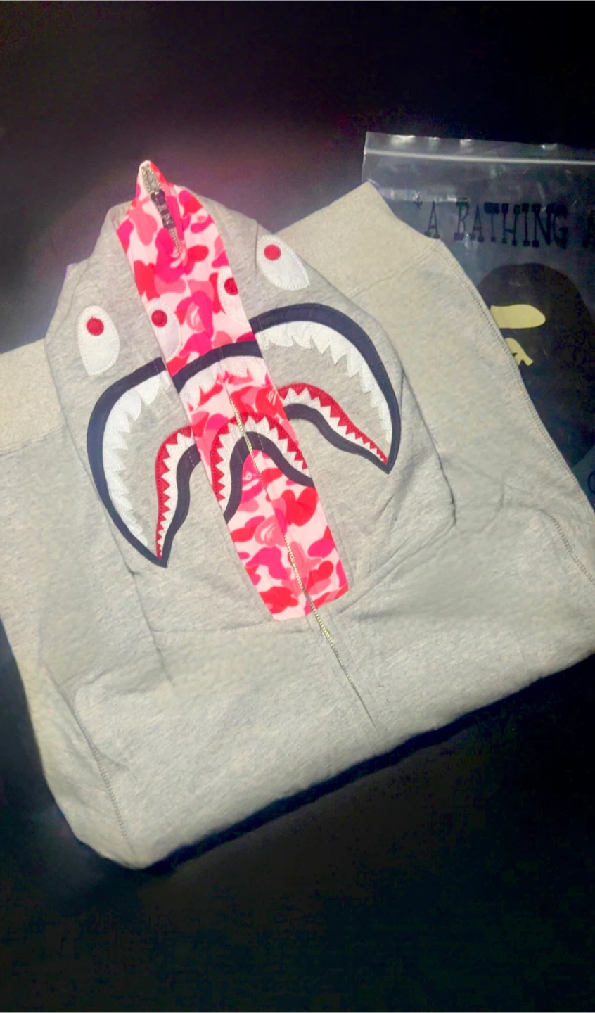 A Bathing Ape Full Zip Hoodie Grey Camo Shark Face MCM Design