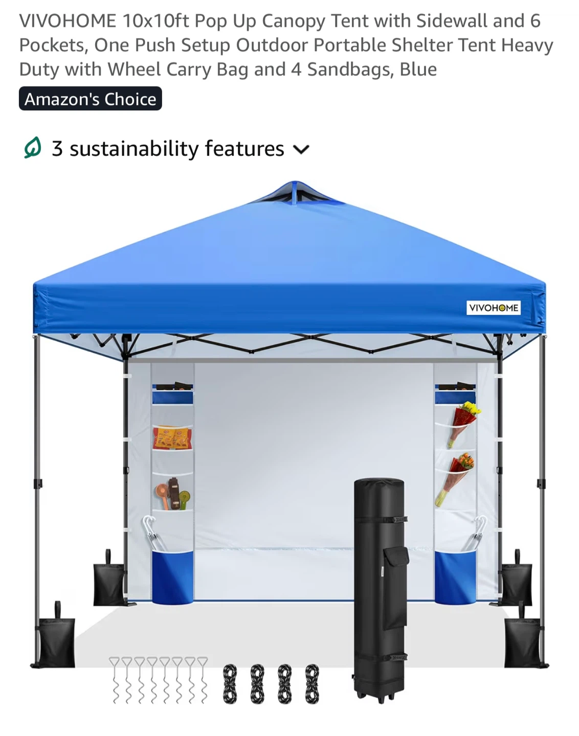 VIVOHOME 10x10ft Pop Up Canopy Tent with Sidewall and Sandbags