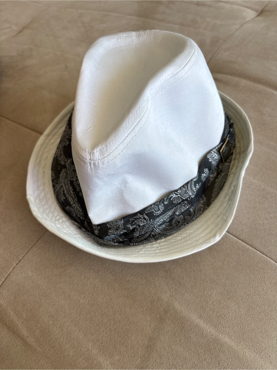 White Fedora Hat with Black Paisley Band