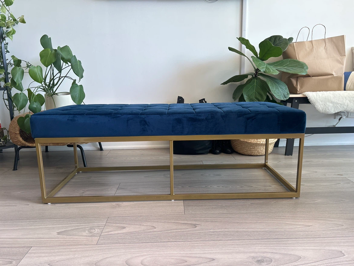 Blue Velvet Tufted Bench with Gold Frame