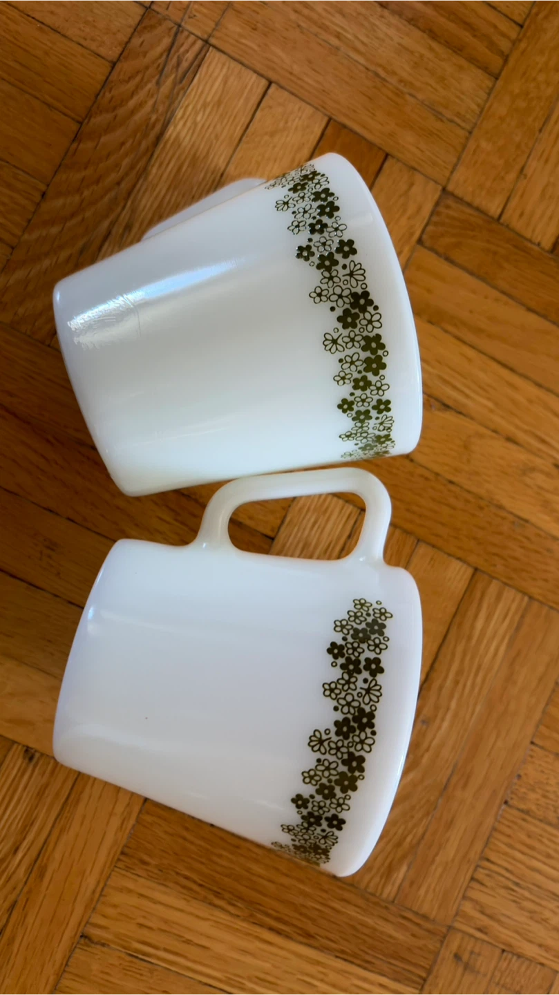 Vintage Pyrex Milk Glass Mugs with Floral Design