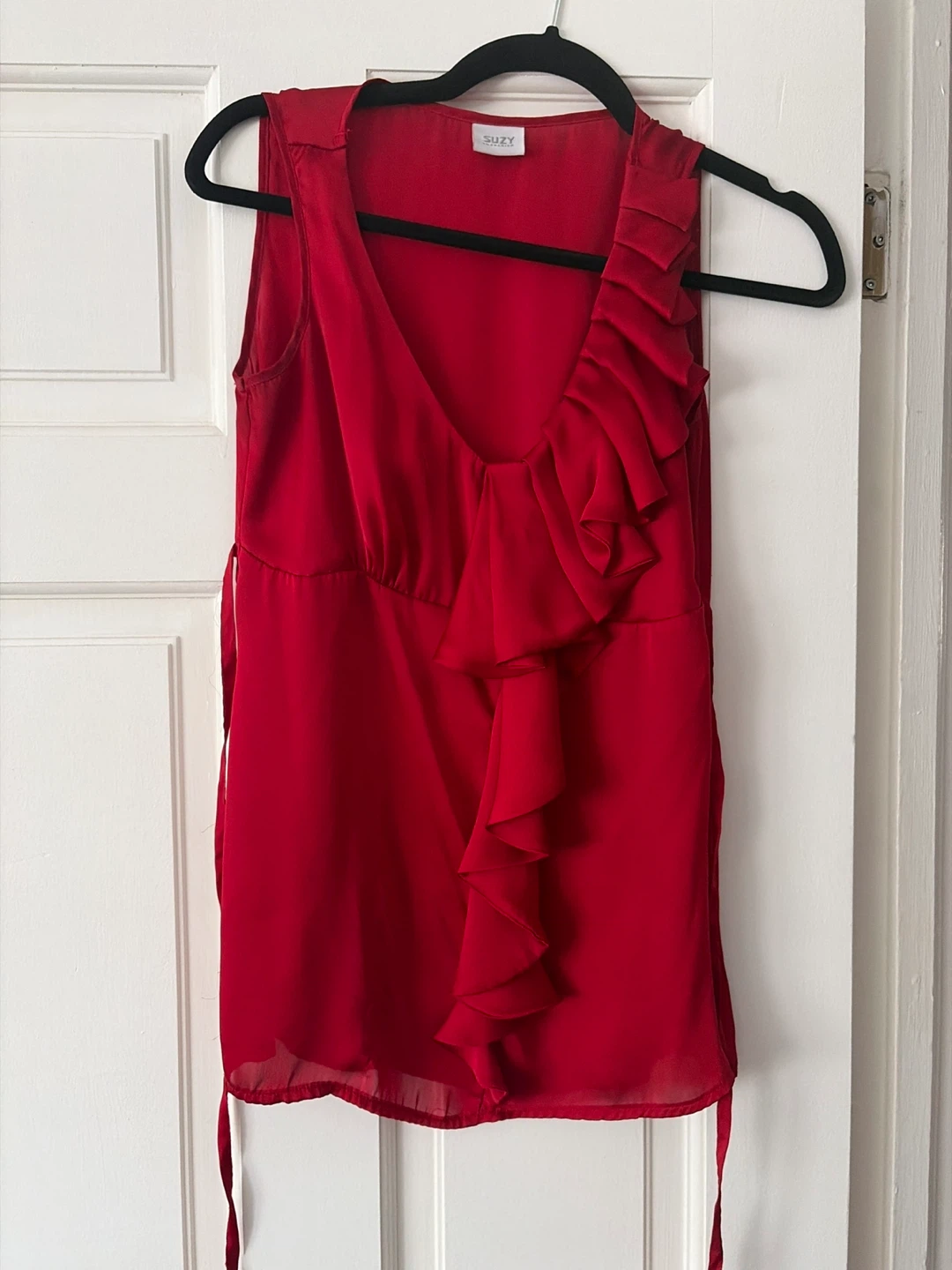 Red Suzy Shier Silky Ruffle Top