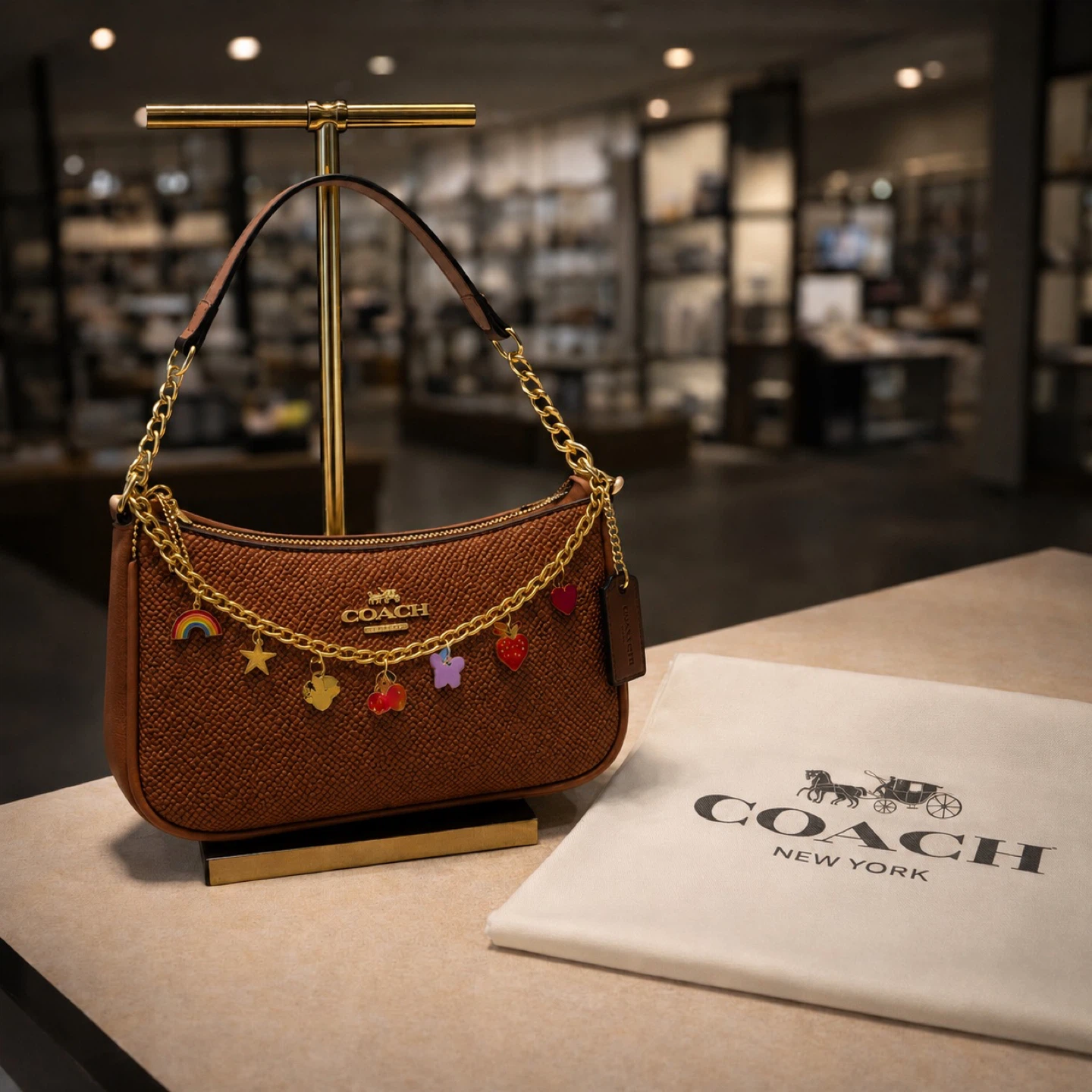 Tan/ Brown Textured Shoulder Bag with Charms