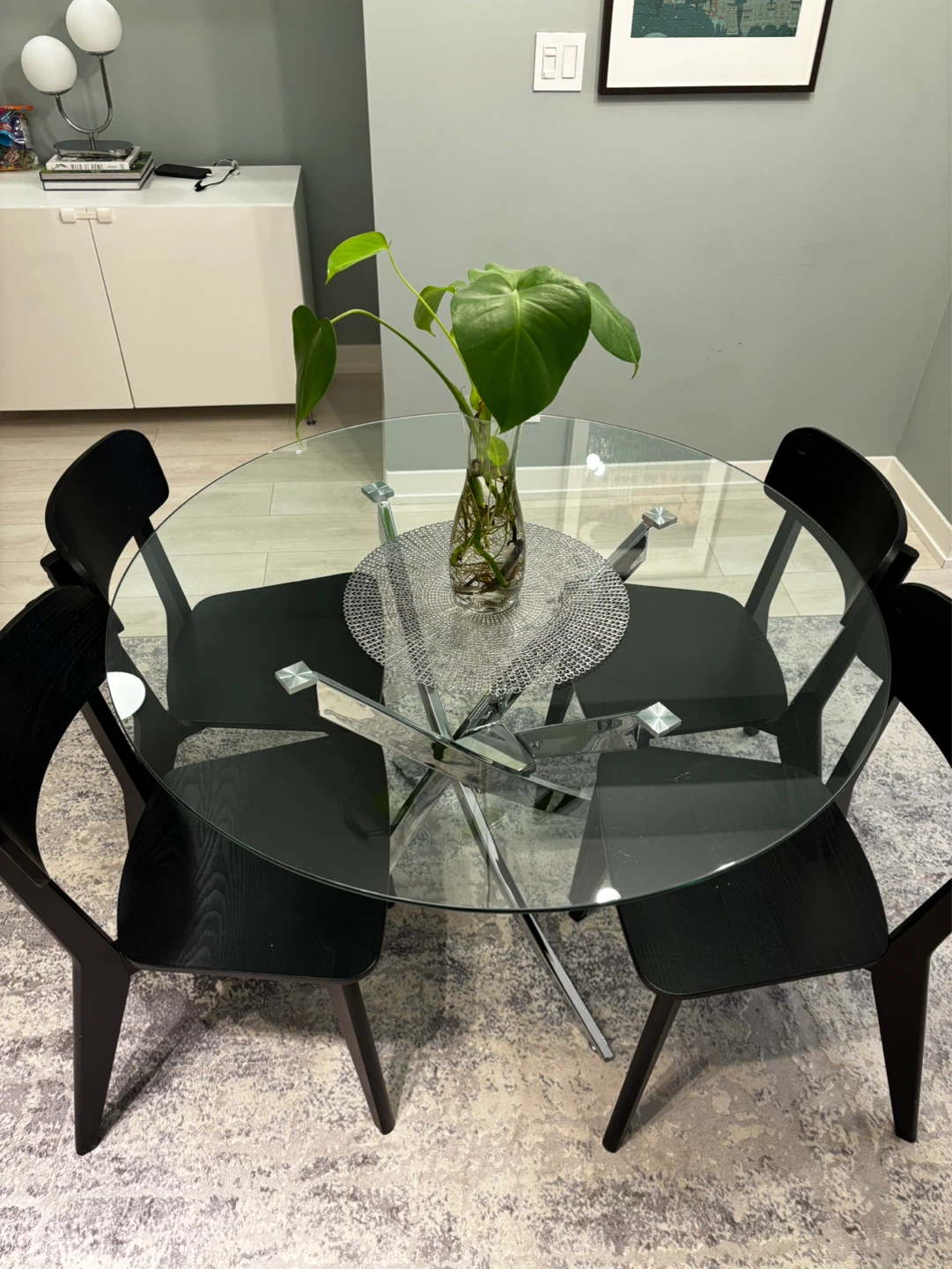 Glass Dining Table with 4 Black Chairs