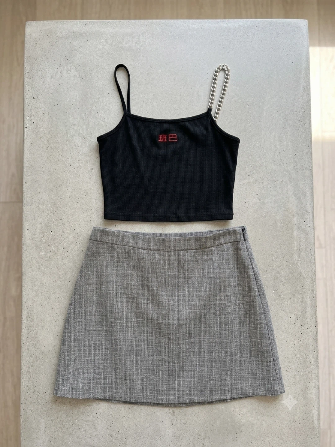 Black Chain Strap Top and Plaid Mini Skirt Set
