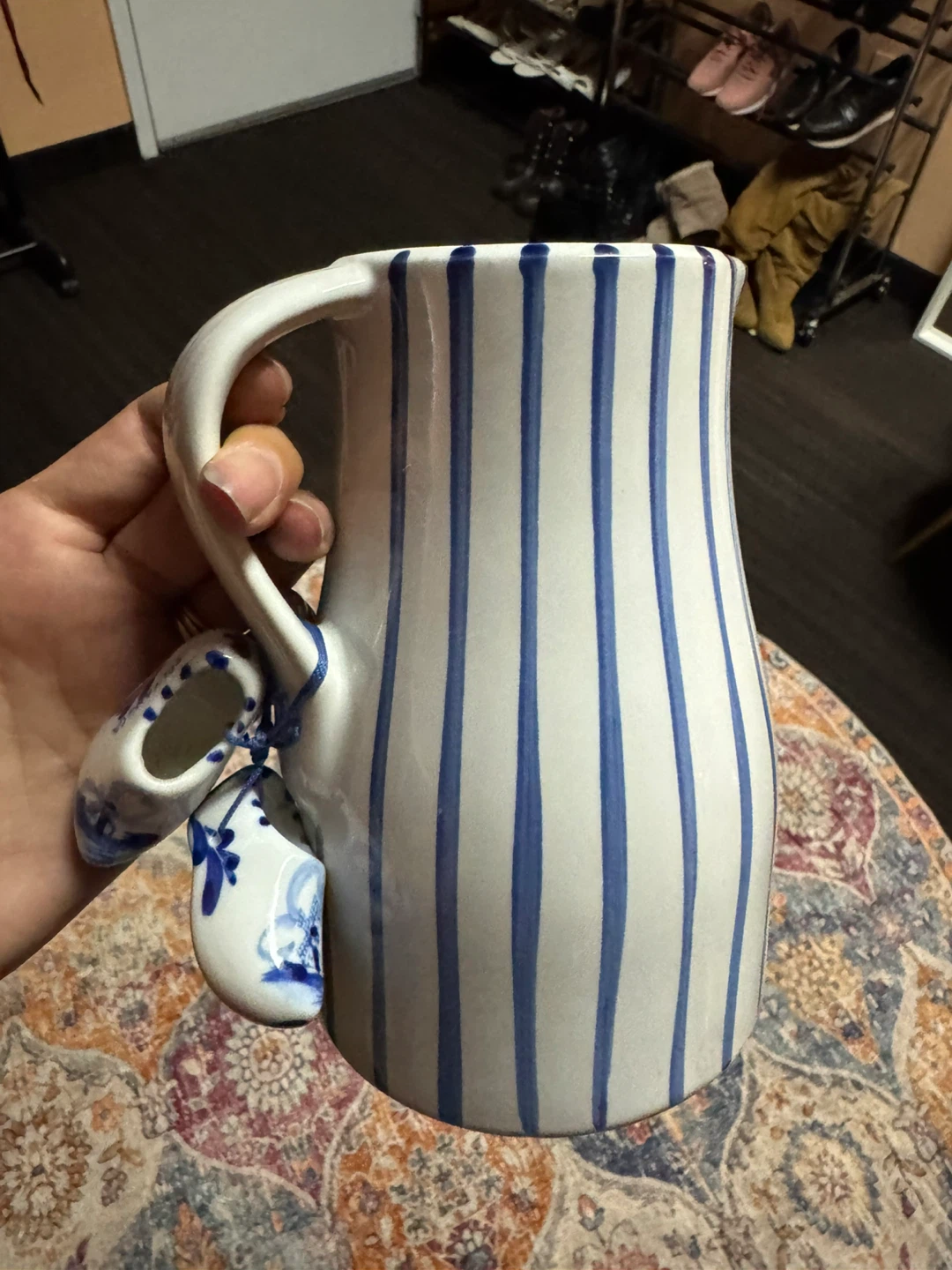 Blue and White Striped Pitcher with Clog Charms
