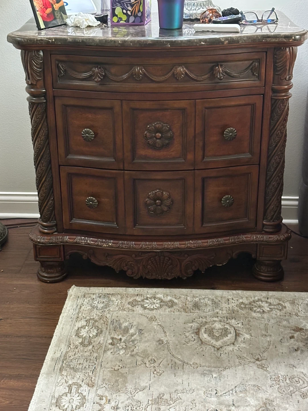2 Wooden Nightstands with Marble Top