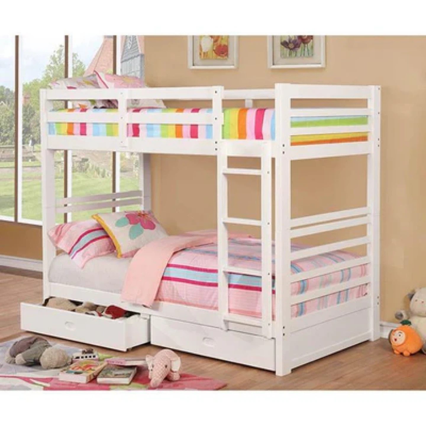 White Wooden Bunk Bed with Drawers
