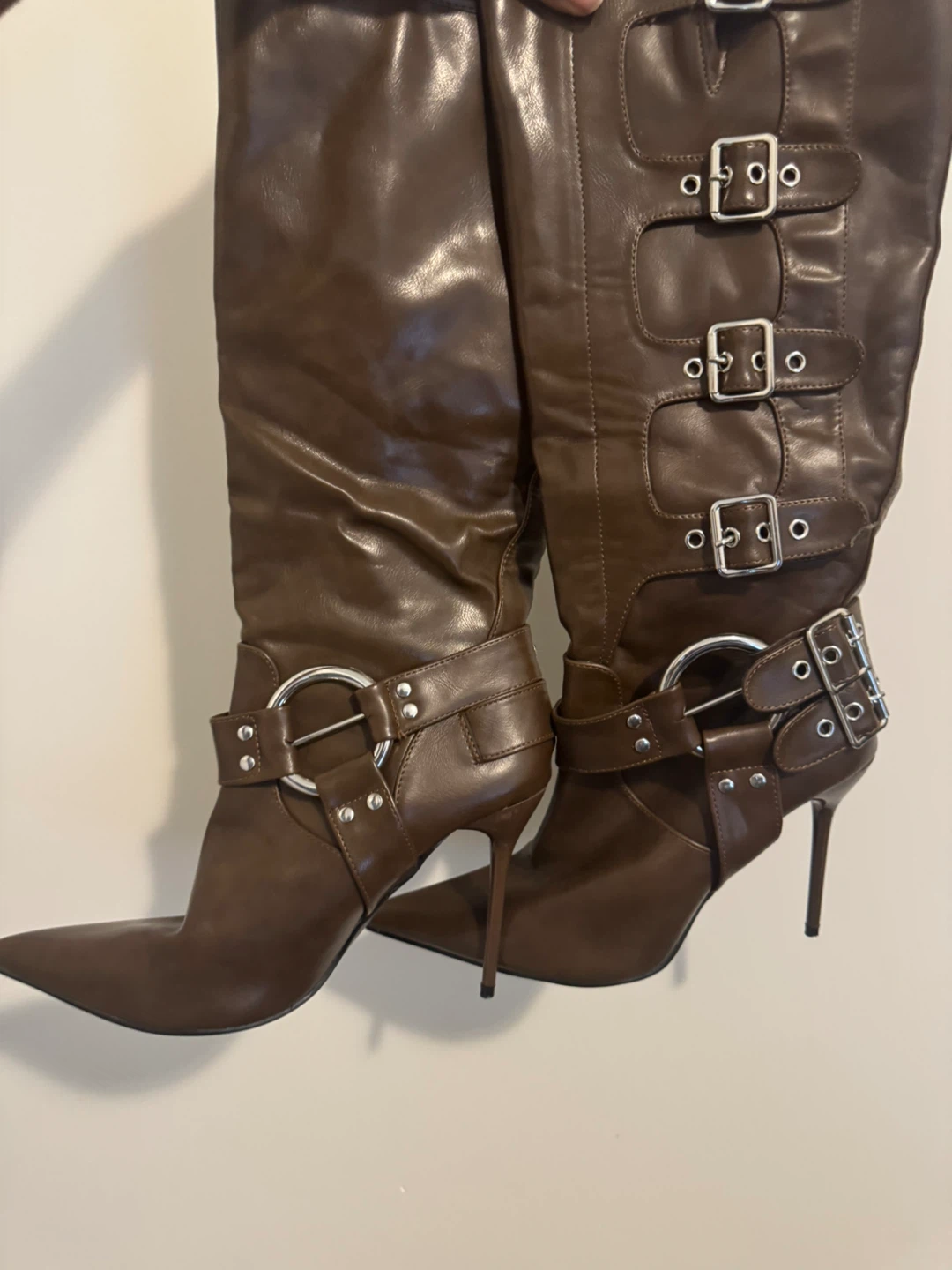 Brown Buckled Stiletto Knee-High Boots - photo 4