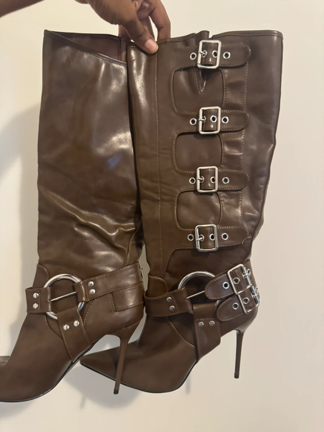 Brown Buckled Stiletto Knee-High Boots - photo 2
