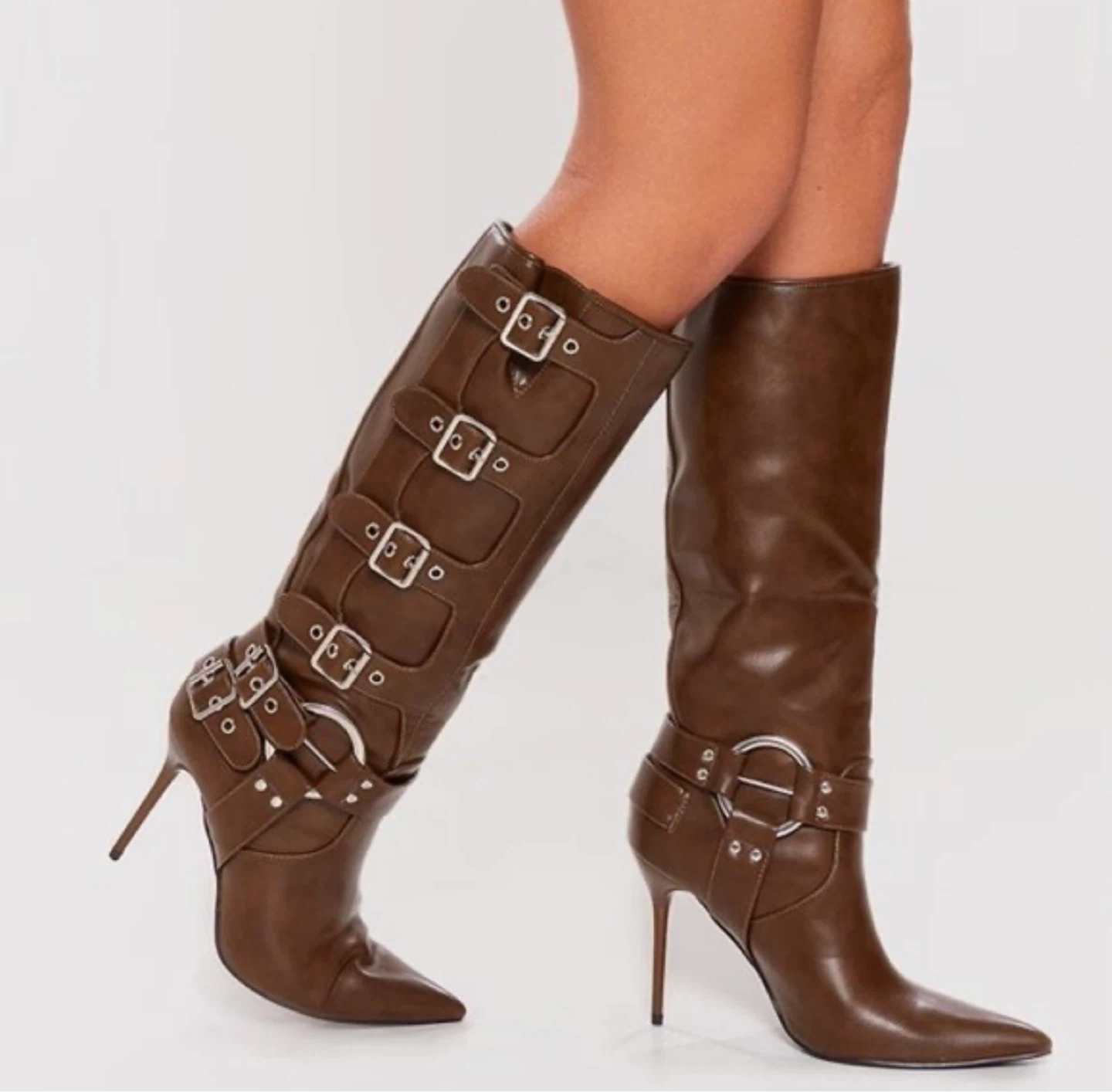 Brown Buckled Stiletto Knee-High Boots - photo 5