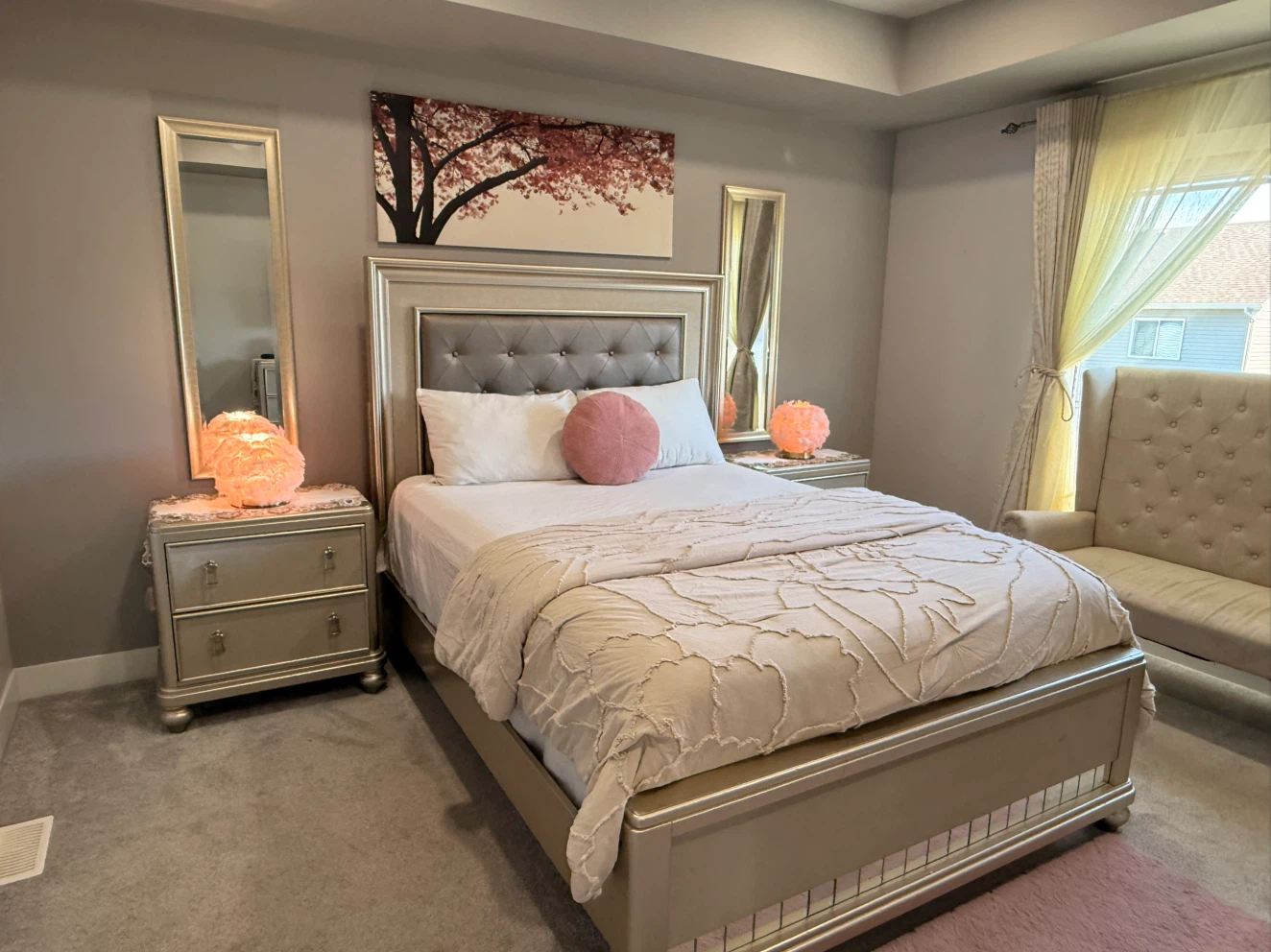Silver Bedroom Set - Bed Frame, Dresser, and Nightstands