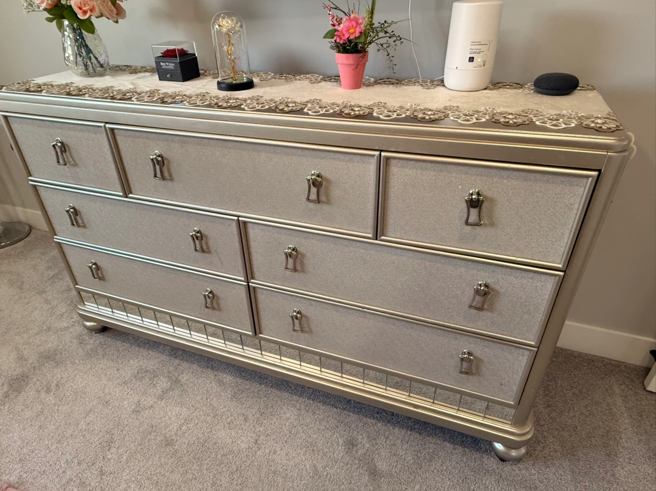 Silver Bedroom Set - Bed Frame, Dresser, and Nightstands - photo 2