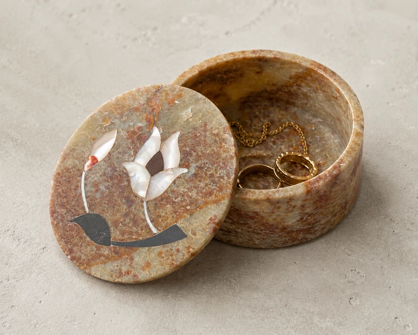 Stone Decorative Trinket Box with Floral Inlay