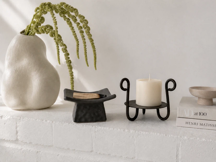 Set of Ceramic Incense and Metal Candle Holders