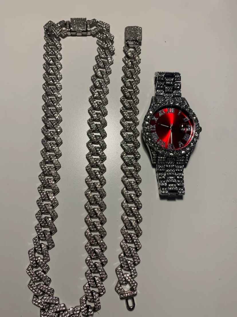 Iced Out Watch and Cuban Link Chain Set