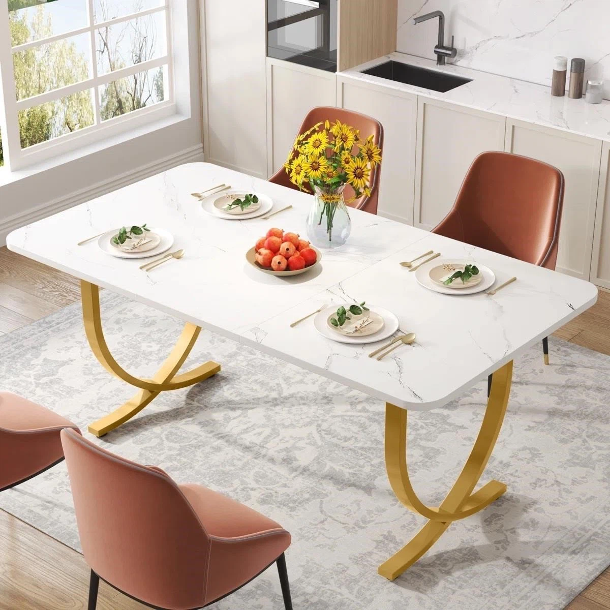 Marble Dining Table with Gold Base