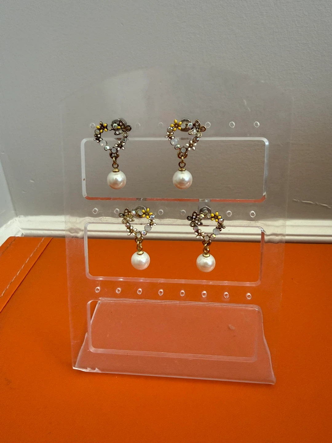 Heart Dangle Earrings with Pearls and Flowers