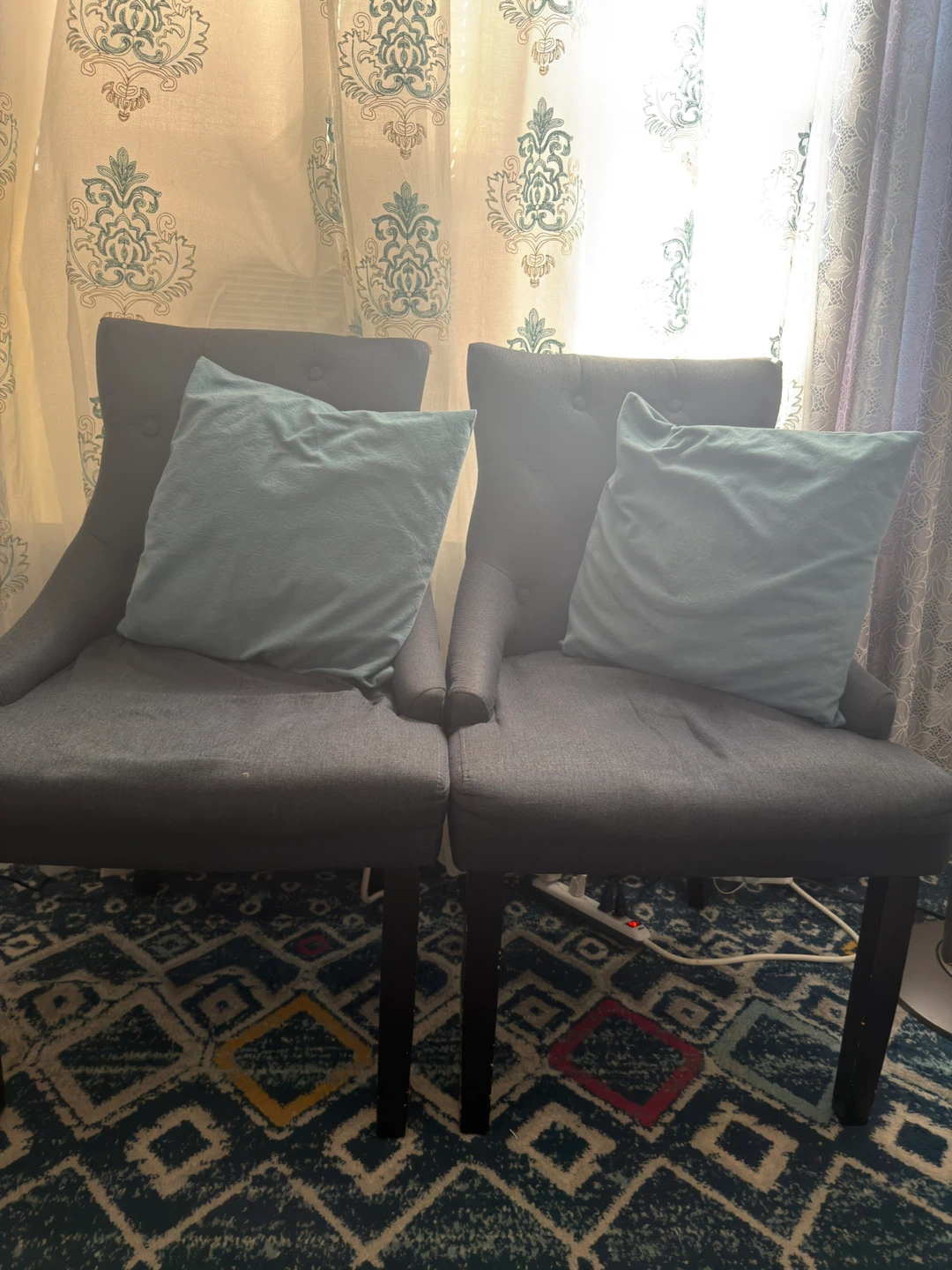 Pair of Dark blue Accent Chairs with Light Blue Pillows