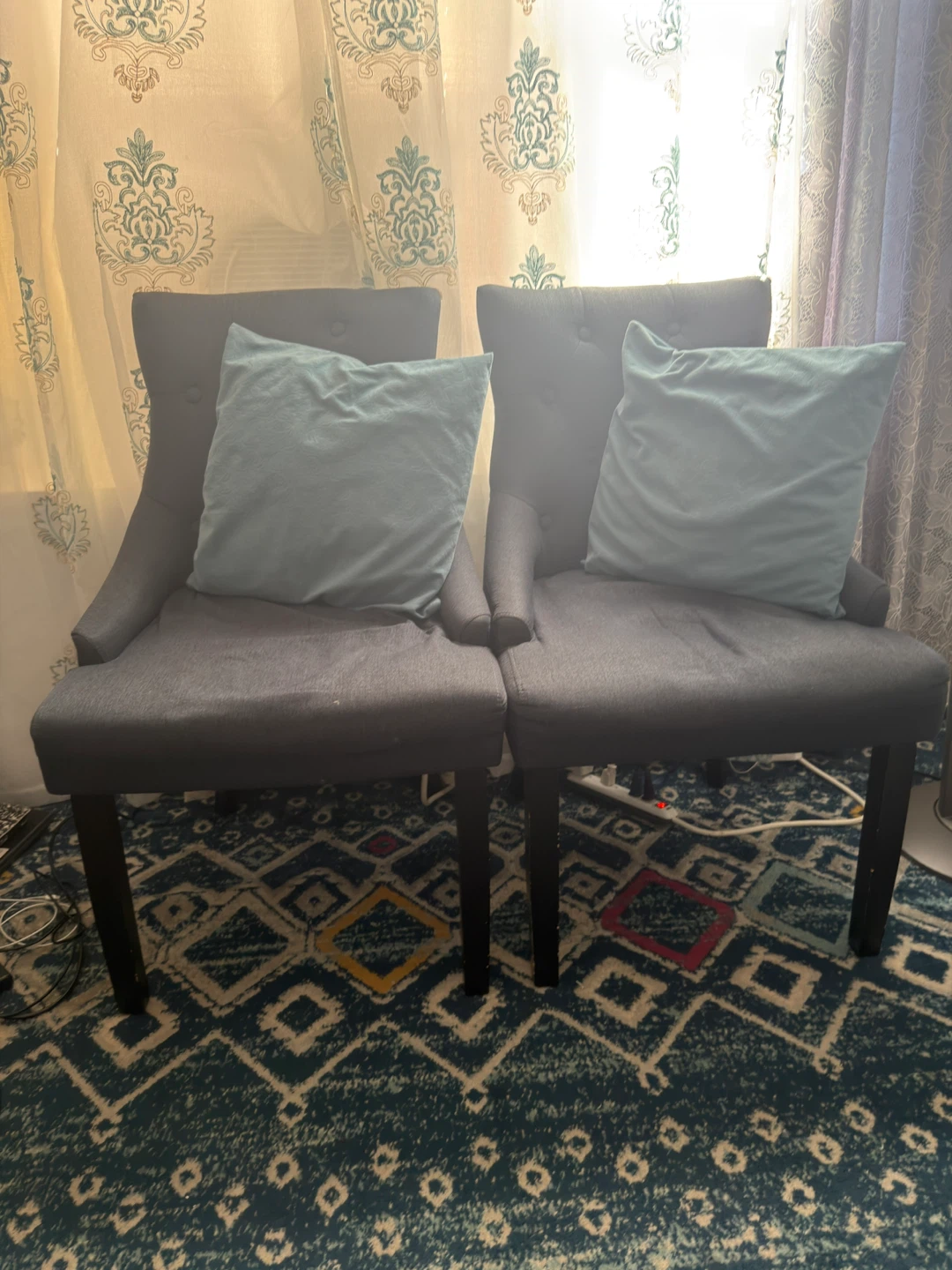 Pair of Dark blue Accent Chairs with Light Blue Pillows - photo 2