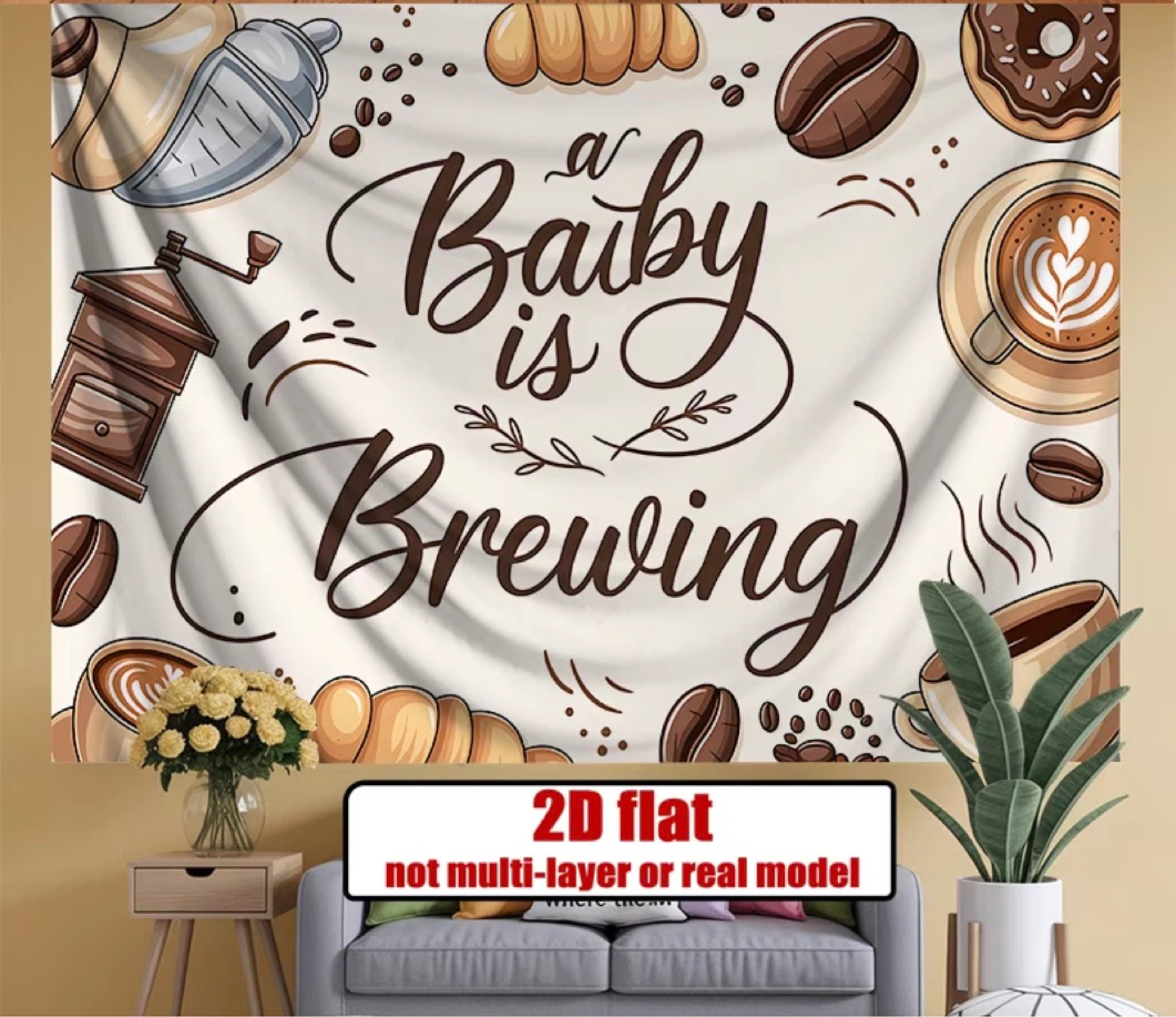 2D Flat Baby Shower Backdrop - Baby is Brewing Theme