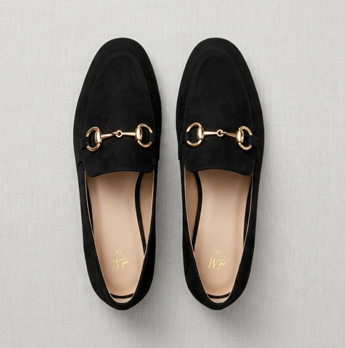 Black Suede Loafers with Gold Bit Detail Size 38