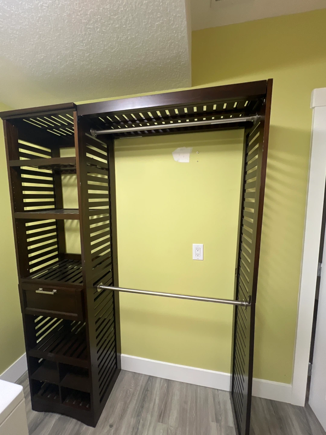 Dark Wood Closet Organizer with Hanging Rods and Shelves