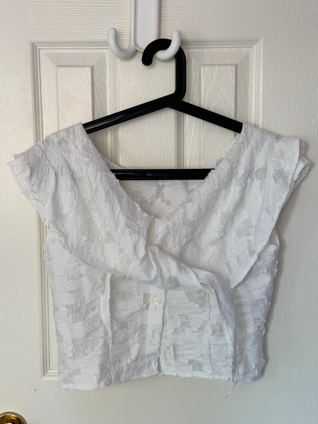 White Textured Button-Up Crop Top