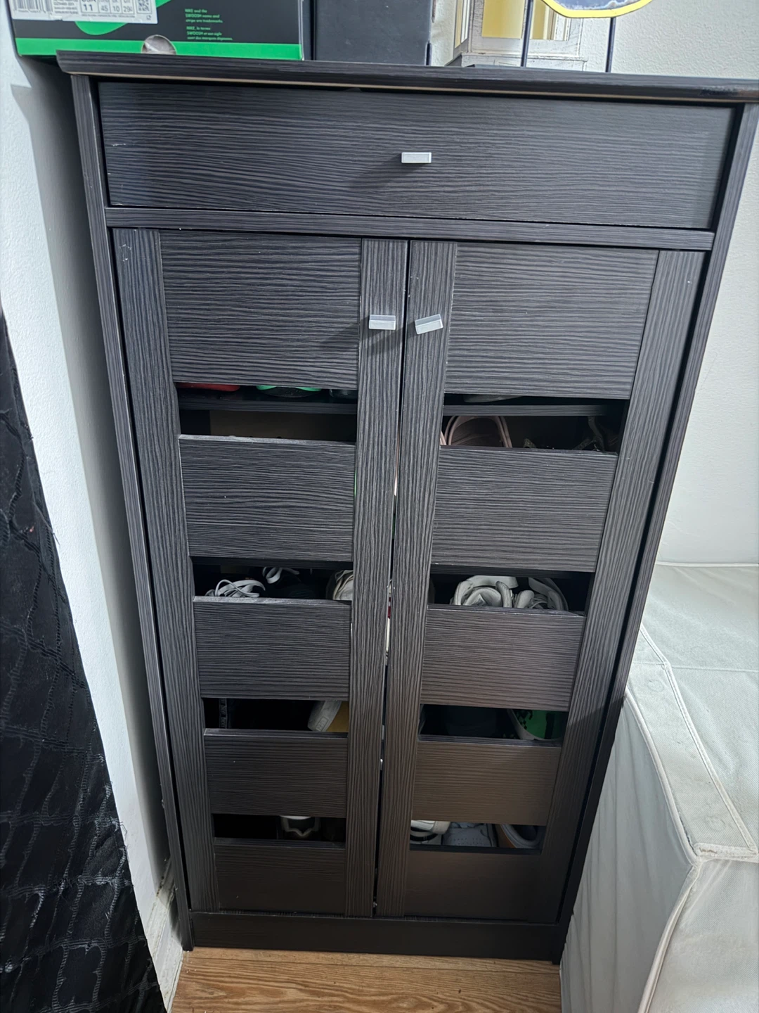 Dark Wood Shoe Cabinet with Drawer