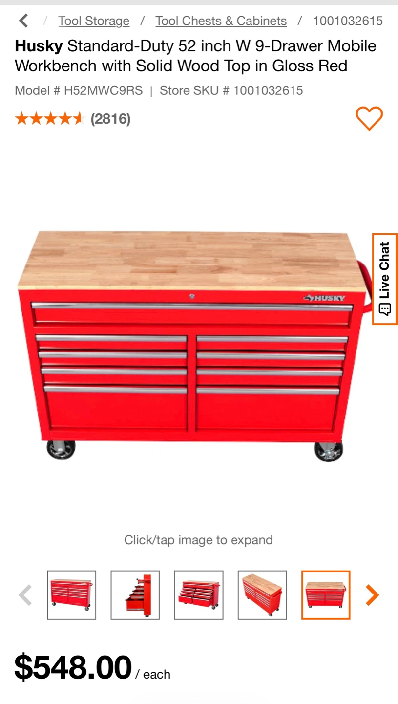 Husky 52 inch 9-Drawer Mobile Workbench with Solid Wood Top