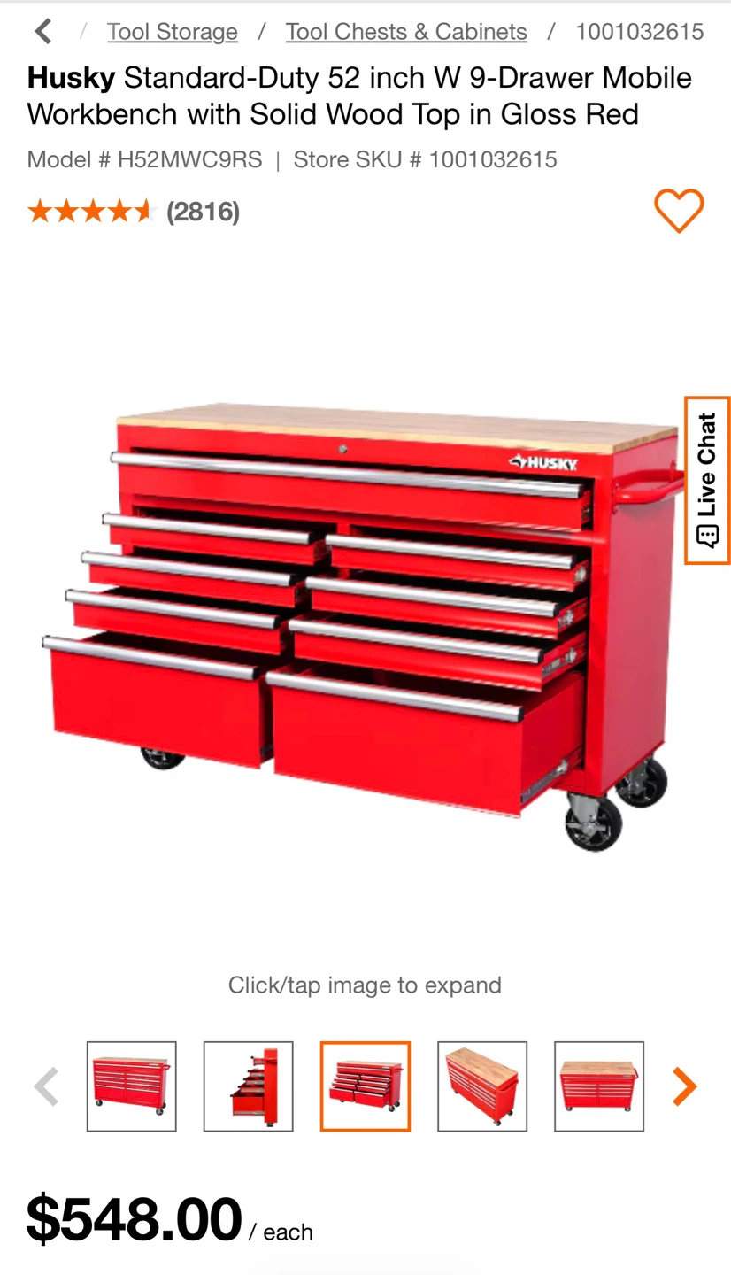 Husky 52 inch 9-Drawer Mobile Workbench with Solid Wood Top - photo 3
