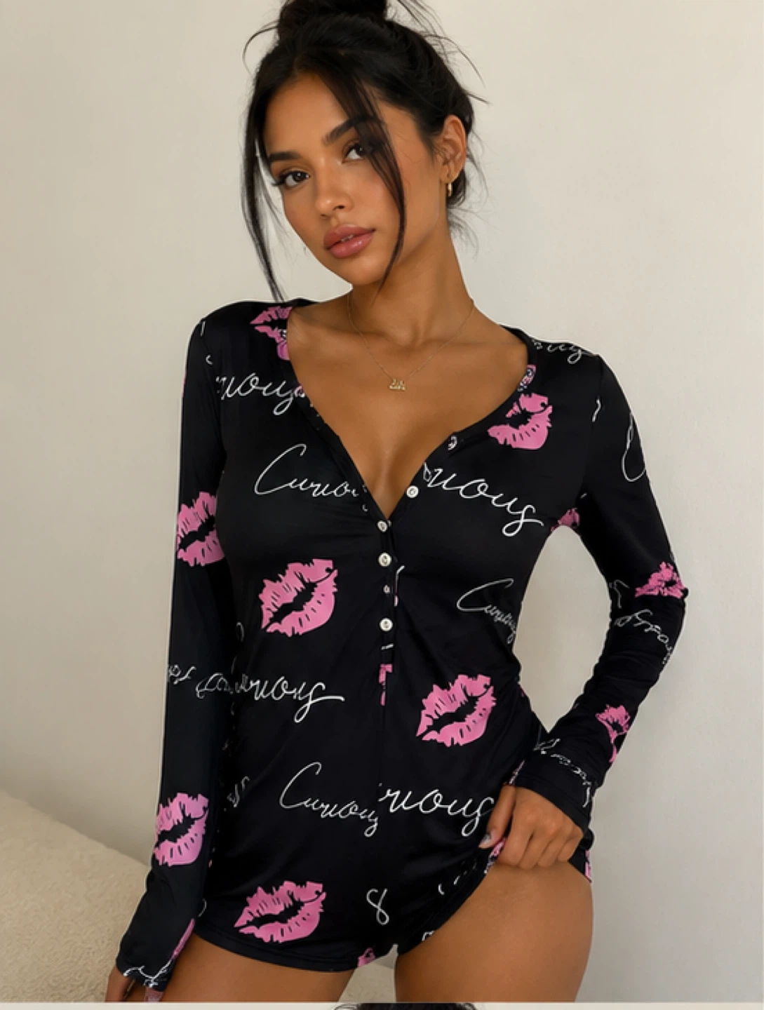 Black Kiss Print Onesie Romper